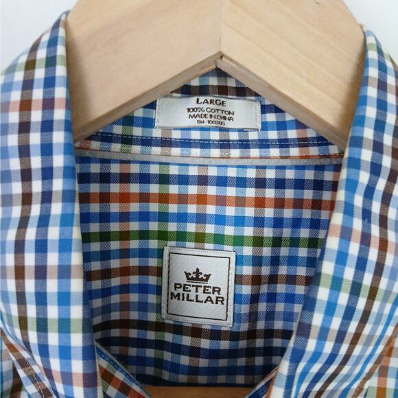 Peter Millar SZ L 100% Cotton Blue Orange Green White Check Button Down Shirt - Picture 4 of 7